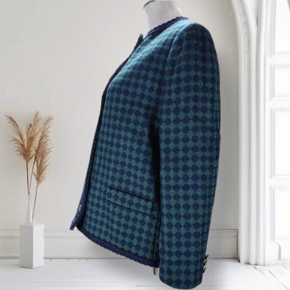 Vintage 90s Bleyle Wool Tweed Jacket 12 Green Blue Diamond Print Collared Blazer - Picture 2 of 9